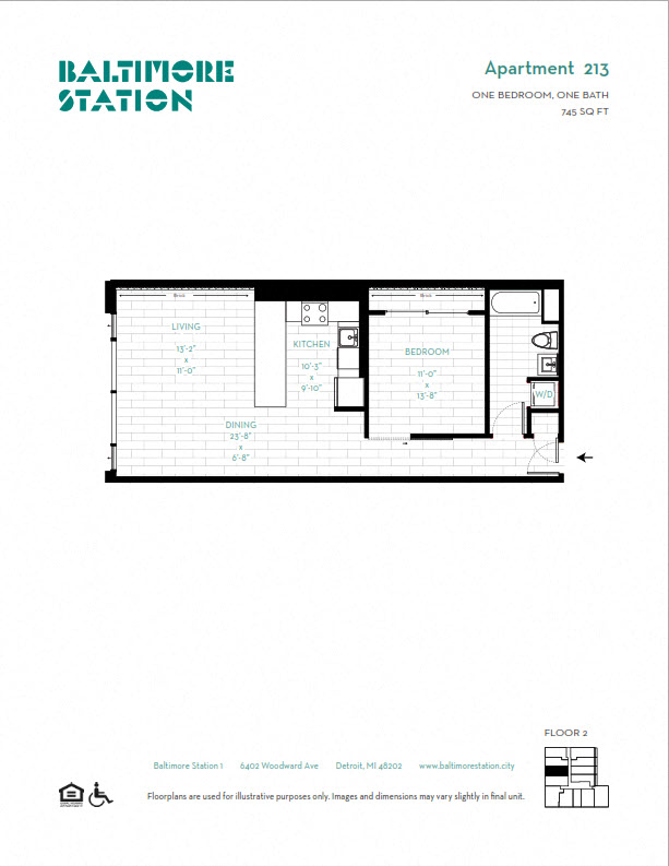 Floor plan for 1 bed, 1 bath, 745 sqft